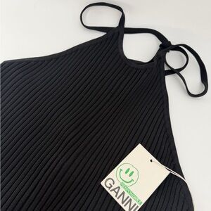 Ganni Ribbed Melange Knit Halter Open Tie Back Handkerchief Black Top